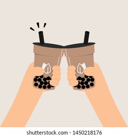 Cheers! bubble milk tea and popular drinking concept.