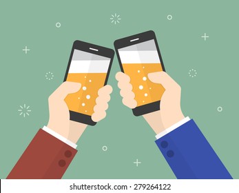 Cheers. business people holding smartphone with beer on the screen 