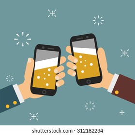 Cheers. business people holding smartphone with beer on the screen