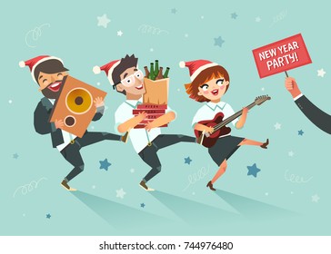 Cheers! Businessmen crowd going to the new year party after work. Corporate event concept. Colorful vector illustration in flat style on sky background