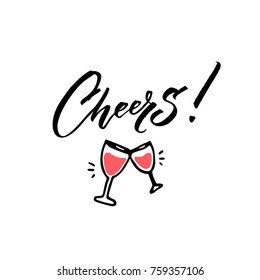 Cheers Caption With Hand Drawn Wine Glasses. Minimalistic Greeting Cards Design