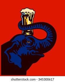 Cheers! Cartoon smiling elephant holding beer pint glass on its head with trunk, beer fest vector illustration