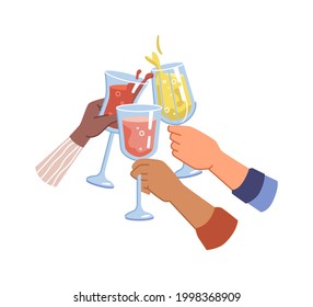 Saludos y celebración, festividad y felicitación. Manos aisladas sosteniendo vasos de vino blanco y rojo. Fiesta o reunión de amigos. Consumo de bebidas alcohólicas caseras. Vector de dibujos animados planos