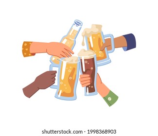 Cheers and celebration, isolated hands holding glasses and bottle of beer, light and dark or pale ale. People cheering and toasting, togetherness and happy leisure of friends. Flat cartoon vector