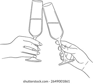 Felicidades para comemorar e alegria! Esta ilustração vetorial apresenta mãos brindando vários tipos de utensílios elegantes, perfeitos para temas de festas, ocasiões especiais e reuniões festivas.