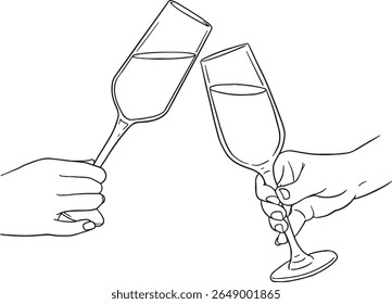 Felicidades para comemorar e alegria! Esta ilustração vetorial apresenta mãos brindando vários tipos de utensílios elegantes, perfeitos para temas de festas, ocasiões especiais e reuniões festivas.