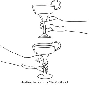 Felicidades para comemorar e alegria! Esta ilustração vetorial apresenta mãos brindando vários tipos de utensílios elegantes, perfeitos para temas de festas, ocasiões especiais e reuniões festivas.