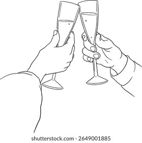 Felicidades para comemorar e alegria! Esta ilustração vetorial apresenta mãos brindando vários tipos de utensílios elegantes, perfeitos para temas de festas, ocasiões especiais e reuniões festivas.