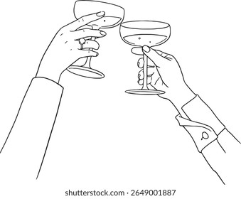 Felicidades para comemorar e alegria! Esta ilustração vetorial apresenta mãos brindando vários tipos de utensílios elegantes, perfeitos para temas de festas, ocasiões especiais e reuniões festivas.