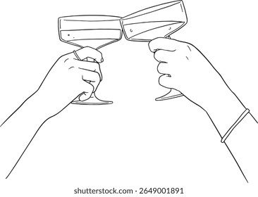 Felicidades para comemorar e alegria! Esta ilustração vetorial apresenta mãos brindando vários tipos de utensílios elegantes, perfeitos para temas de festas, ocasiões especiais e reuniões festivas.