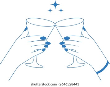 Cheers celebration line art with two hands clinking champagne glasses, fireworks, and streamers, perfect for party invitations, festive announcements, New Year designs, or joyful occasions.	