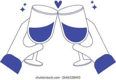 Torce celebração linha arte com duas mãos clinking champanhe copos, fogos de artifício e galhardetes, perfeito para convites de festa, anúncios festivos, projetos de Ano Novo, ou ocasiões alegres.	