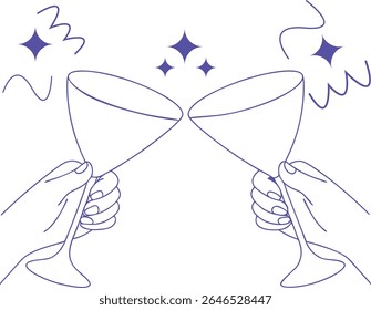 Cheers celebration line art with two hands clinking champagne glasses, fireworks, and streamers, perfect for party invitations, festive announcements, New Year designs, or joyful occasions.	