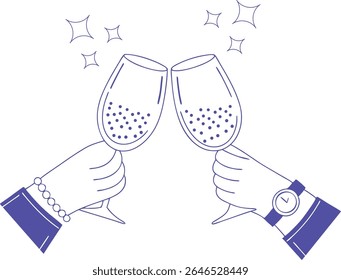 Cheers celebration line art with two hands clinking champagne glasses, fireworks, and streamers, perfect for party invitations, festive announcements, New Year designs, or joyful occasions.	