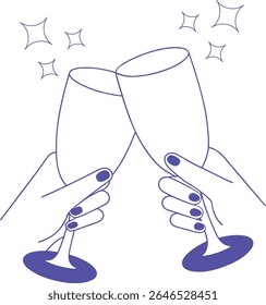 Cheers celebration line art with two hands clinking champagne glasses, fireworks, and streamers, perfect for party invitations, festive announcements, New Year designs, or joyful occasions.	