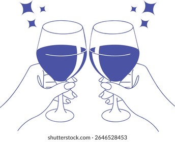 Torce celebração linha arte com duas mãos clinking champanhe copos, fogos de artifício e galhardetes, perfeito para convites de festa, anúncios festivos, projetos de Ano Novo, ou ocasiões alegres.	