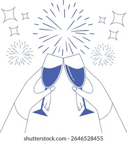 Torce celebração linha arte com duas mãos clinking champanhe copos, fogos de artifício e galhardetes, perfeito para convites de festa, anúncios festivos, projetos de Ano Novo, ou ocasiões alegres.	