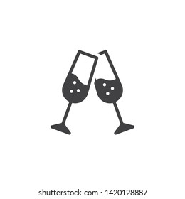 Cheers champagne glasses vector icon. filled flat sign for mobile concept and web design. Two glasses toasting glyph icon. Symbol, logo illustration. Vector graphics