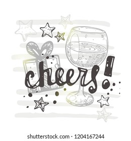 Cheers! Christmas card concept design. Lettering. Celebration motivational slogan. Hand drawn vector illustration. Can be used for sticker, badge, poster, banner, party invitation.