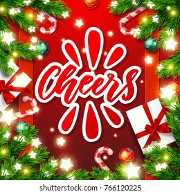 Cheers - Christmas greeting card. Happy new year. Xmas vector background. Hand drawn calligraphy. concept handwritten