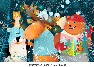 Cheers from Christmas and New years animals celebration, colorful greeting card for kids. Bear penguin moose and squirrel celebrating winter fun. Children vector illustration in watercolor style.