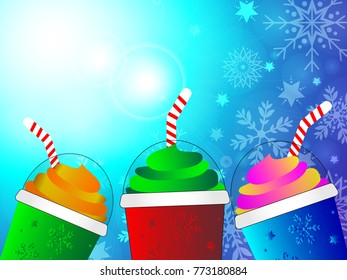 Cheers of coffee or frappe cups with colorful whipped cream with snowflake pattern colorful cup and straws on blue sky and snowflake background, vector and illustration for Christmas and winter