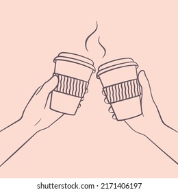 Cheers Coffee Paper Cups isolated vector illustration in outline style  A couple is toasting holding in hands takeaway hot drinks 