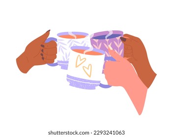 Cheers with coffee or tea. Characters holding mugs with hot mugs or cups. Comfort and coziness, party and event, celebration and festival. Cartoon flat vector illustration