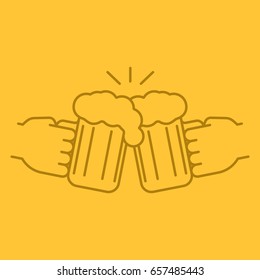 Cheers color linear icon. Hands holding toasting beer glasses. Thin line outline symbols on color background. Vector illustration