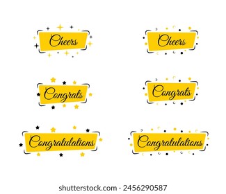 Cheers, Congrats, congratulations, Handwriting style typography with bubbles and stars