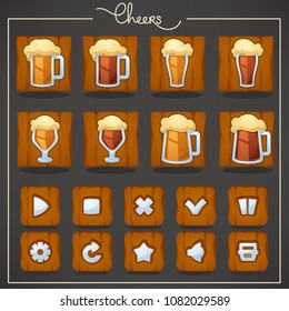 Cheers, draft beer glasses and mugs, objects and buttons for your mobile game