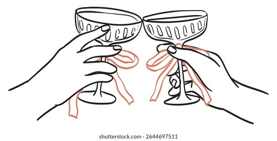 Cheers or drinking couple toast drawing. Glasses with martini or champagne in hands. Birthday party celebration with friends. Wine, champagne, prosecco, sangria cocktail vector cartoon illustration.