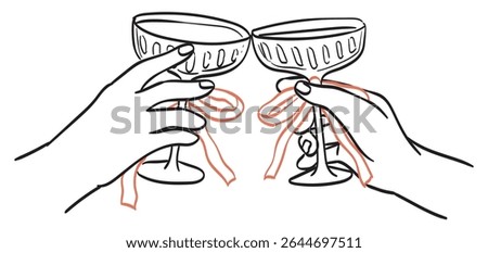 Cheers or drinking couple toast drawing. Glasses with martini or champagne in hands. Birthday party celebration with friends. Wine, champagne, prosecco, sangria cocktail vector cartoon illustration.