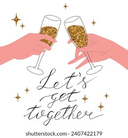 Cheers or drinking toast bundle. Glass with champagne in hands. Birthday party get-together with friends. Champagne, vector flat illustration. Success celebration.