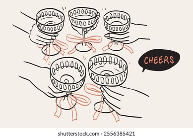 Cheers or drinking toast drawing. Glass with spirit in hands. Birthday party or bachelorette with friends. Wine, champagne, prosecco, martini, sangria vector cartoon illustration. Success celebration.