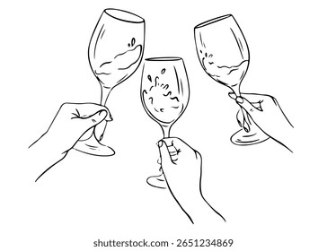 Cheers or drinking toast drawing. Hands hold glasses of white sparkling wine, champagne or cocktail. Hand drawn vector illustration for greeting card, postcard, placard, invitation, menu design.
