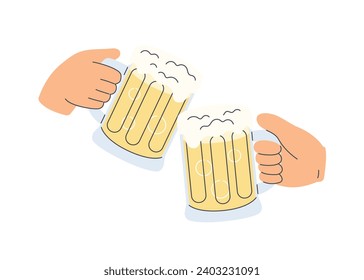 Cheers and drinking together. Friends hands holding stein beer glasses. Celebrating holiday with toasts. Flat cartoon style vector illustration isolated on white background