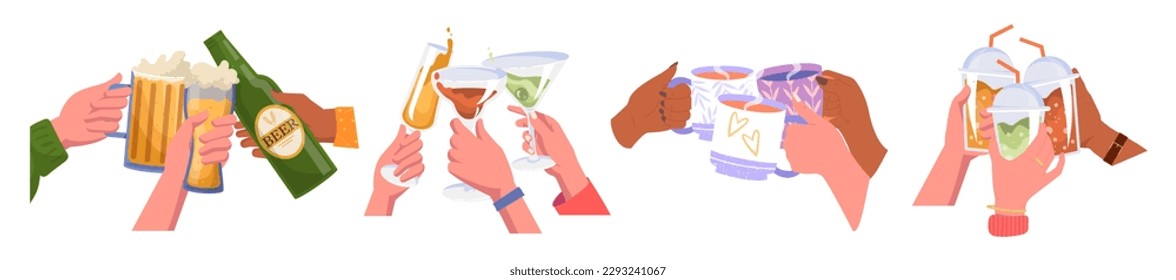 Cheers with drinks. Characters holding bottles of beer, cocktails and juice, alcoholic drinks, champagne and wine. Event and party. Cartoon flat vector illustrations isolated on white background