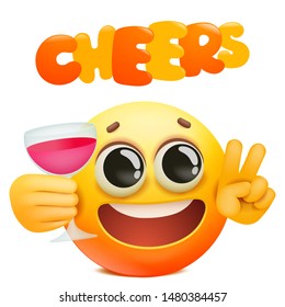 Cheers emoticon card with yellow emoji cartoon character holding glass of wine. Vector illustration