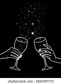 Cheers, Girls Drinking, Hands With Wine Glasses And Space Stars Potion, Vector Illustration