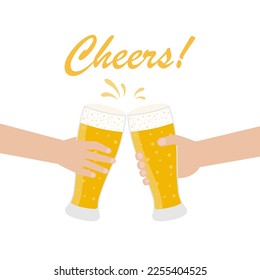  Cheers. Glass of Beer toasting. Clinking glasses of beer. Vector Illustration Isolated on White Background.