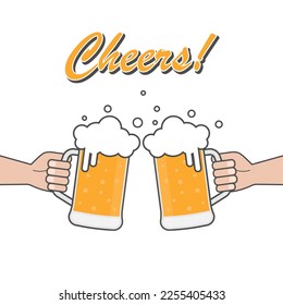 Cheers. Glass of Beer toasting. Clinking glasses of beer. Vector Illustration Isolated on White Background.