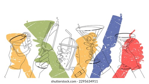 Cheers with glasses. Abstract silhouettes of hands with drinks. holiday and festival. Birthday, New Year And Christmas. Design element for greeting postcard. Cartoon flat vector illustration
