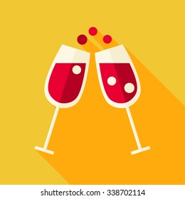 Cheers Glasses With Wine Icon. Flat Design Vector Illustration With Long Shadow. Merry Christmas And Happy New Year Symbol.