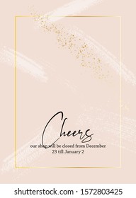 Cheers greeting text Christmas decor in beige color with gold sparkle glitters and brush stokes. Tender soft Xmas design, website poster, banner, blog, shop information, typography art.