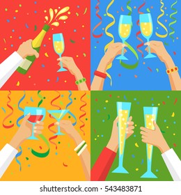 Cheers! Group of people cheering with champagne flutes over confetti and streamers background. Holiday and celebration concept