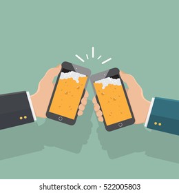 Cheers. hand of business man holding smart phone with beer on the screen,flat design