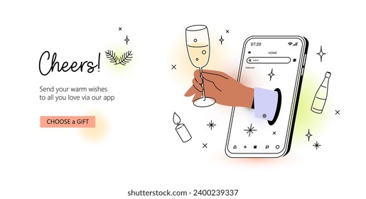 Cheers! Hand with champagne glass sticking out of phone screen. Anniversary or celebration concept. Vector banner template for web or app design. Editable stroke.