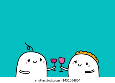 Cheers hand drawn vector illustration in cartoon style. Cartoon men drinking wine together happy cheerful