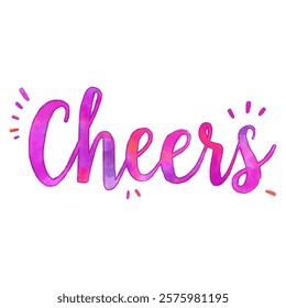 "Cheers" hand-lettered in a vibrant pink and purple watercolor style, accented with short dashes. 